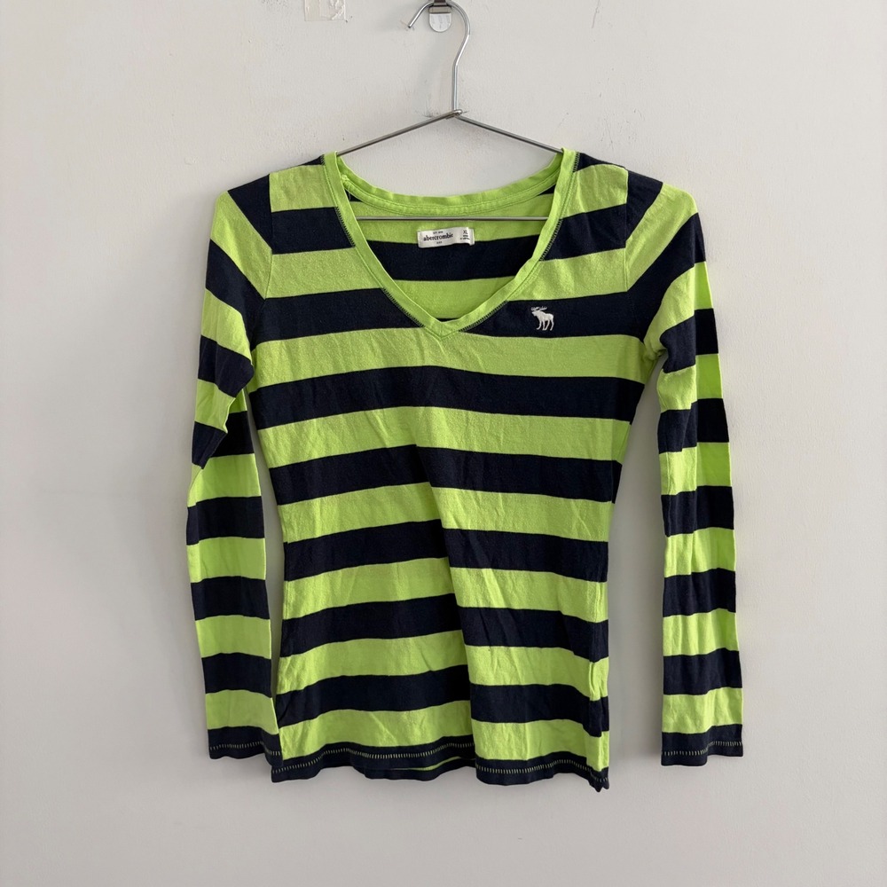 Abercrombie Kids XL Green Navy Striped Long Sleeve V-Neck Shirt